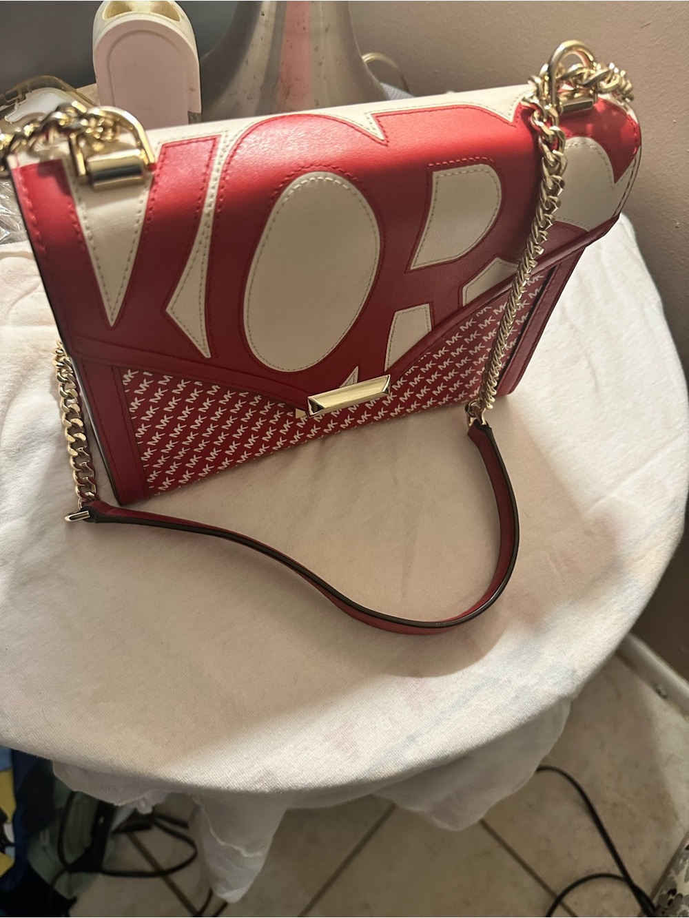 Michael Kors Red and White Chain Shoulder Bag with Bold Logo